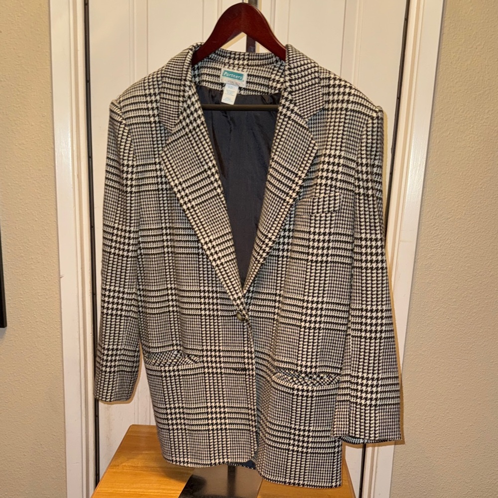 Vintage Black and White Plaid wool blend houndstooth Blazer,large